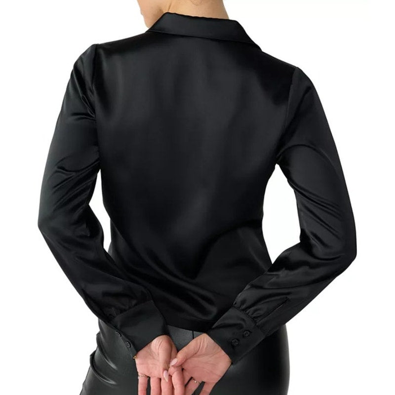 Sanctuary Women's Satin Twisted Front Button Up Top in Black, Size XL
