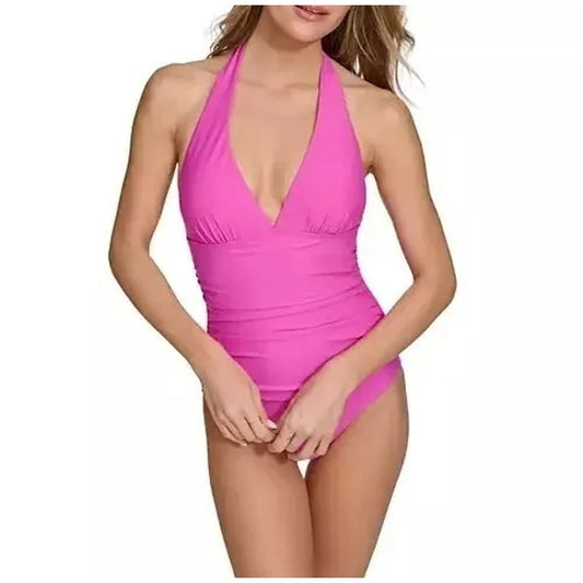 DKNY Women's Tie-Back Halter-Style One-Piece Swimsuit In Carnation Pink