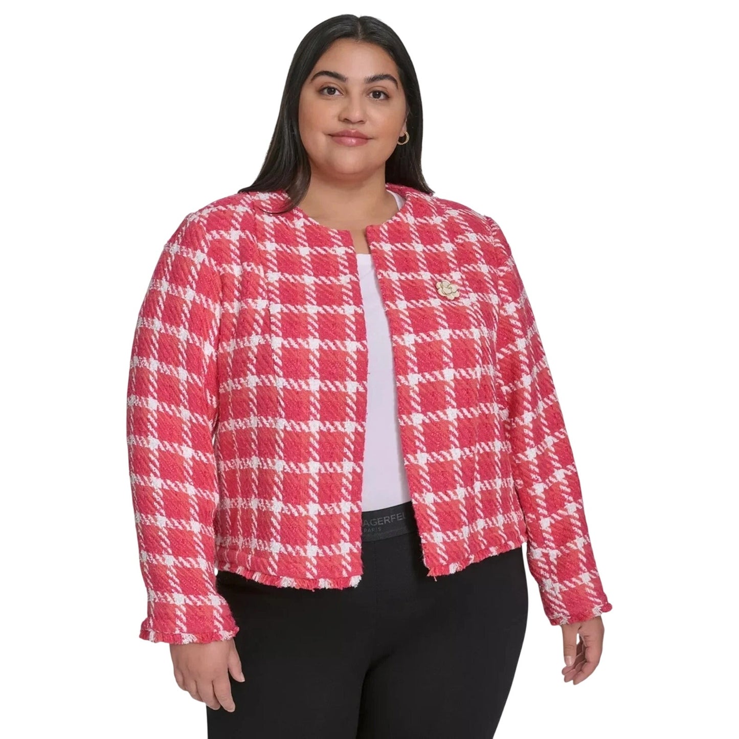 Karl Lagerfeld Paris Plus Size Open Tweed Short Jacket in Tea Berry Sunset Coral