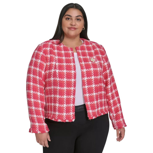Karl Lagerfeld Paris Plus Size Open Tweed Short Jacket in Tea Berry Sunset Coral