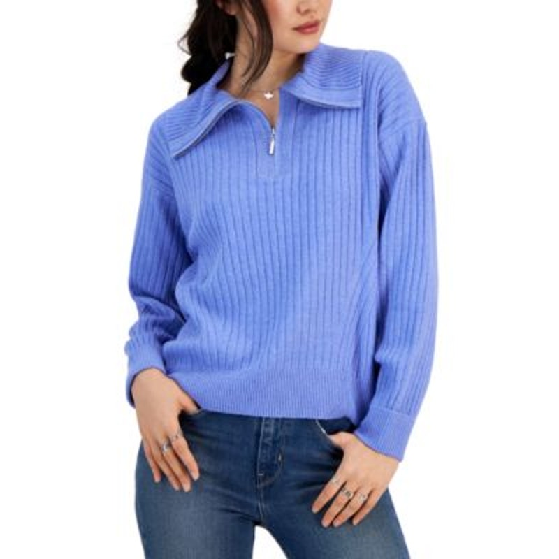 Hooked Up by IOT Juniors Rib-Knit Half-Zip Sweater in Cornflower Blue