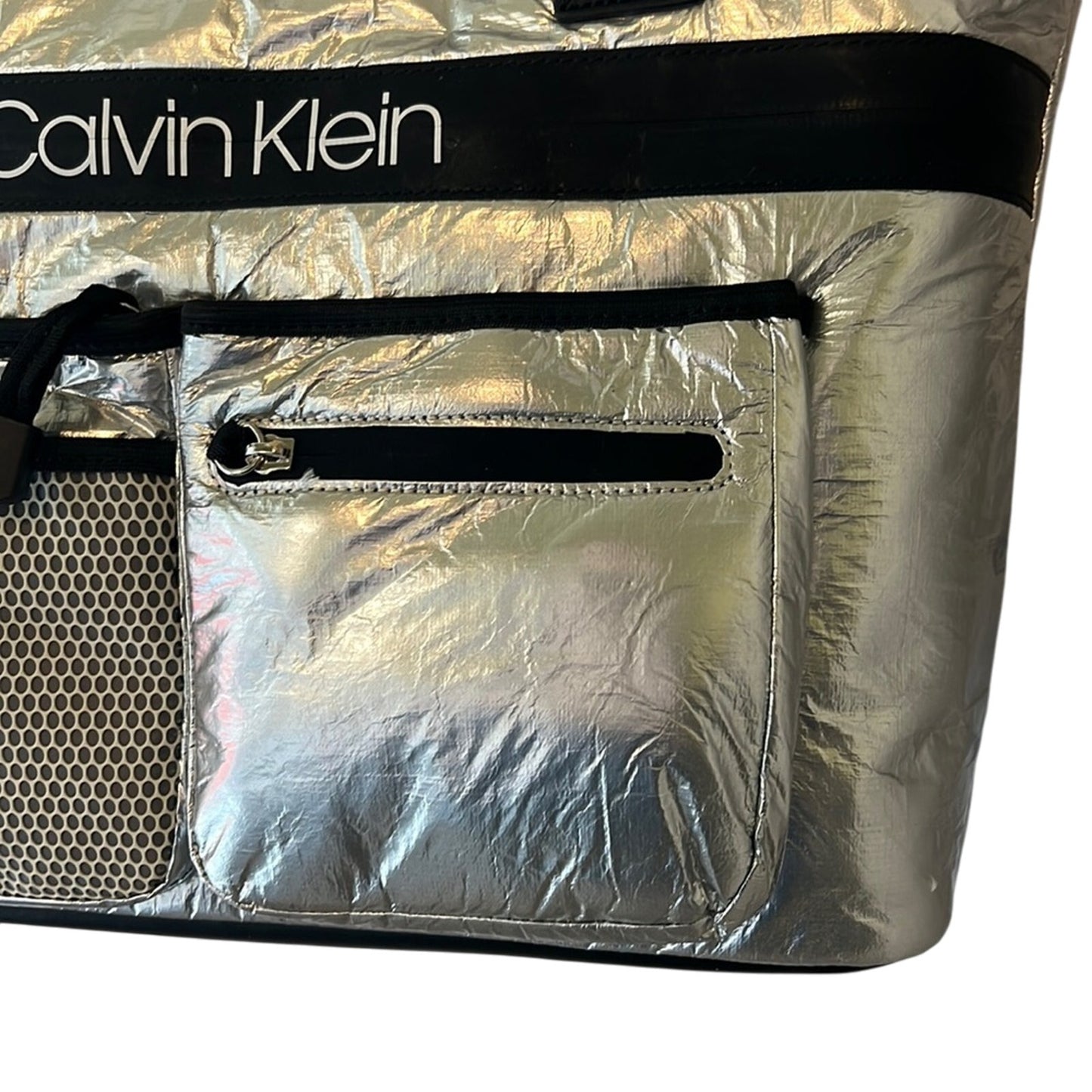 Calvin Klein Metallic Silver Tote Bag w/ Pockets & Black Details, NWT, $168