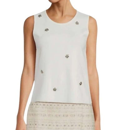 KARL LAGERFELD PARIS Women's Rhinestone-Embellished Sleeveless Knit Top in White