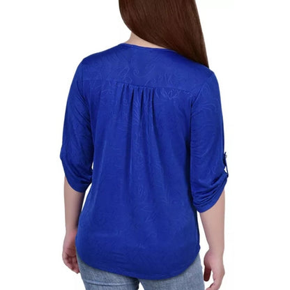 NY Collection Women's Petite 3/4 Sleeve Roll Tab Zip Front Top in Royal Blue