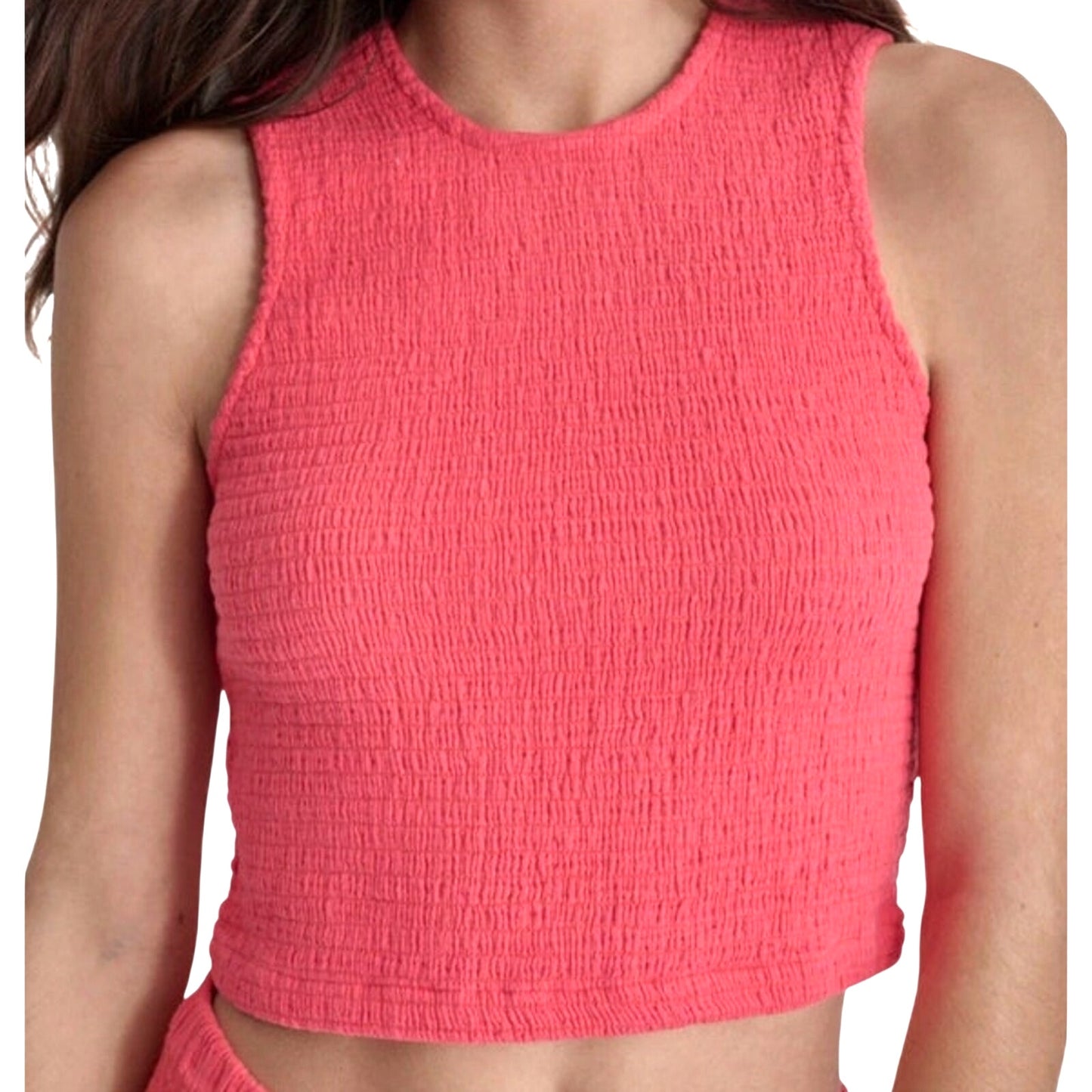 DKNY Jeans Women's Cropped Smocked Cotton Tank Top in Beach Coral Pink