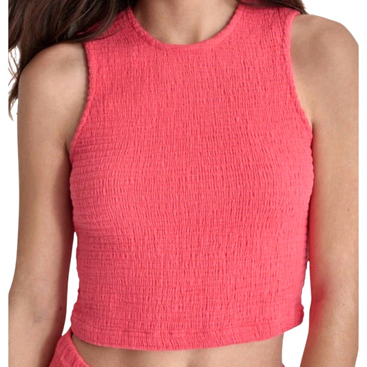 DKNY Jeans Women's Cropped Smocked Cotton Tank Top in Beach Coral Pink