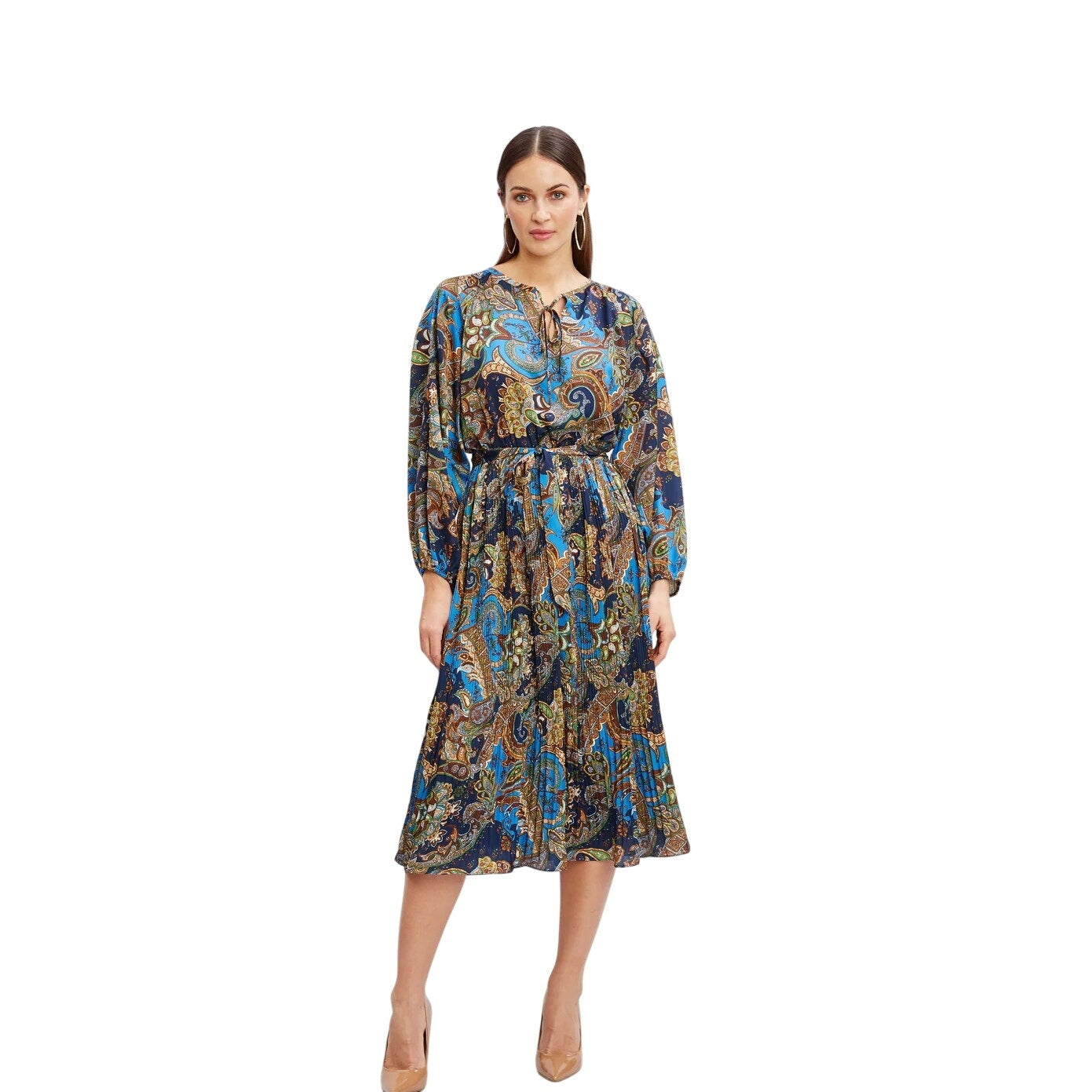 Tahari Women's Printed Long Sleeve Royal Blue Paisley Dress