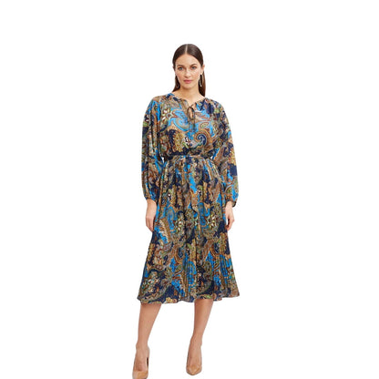 Tahari Women's Printed Long Sleeve Royal Blue Paisley Dress