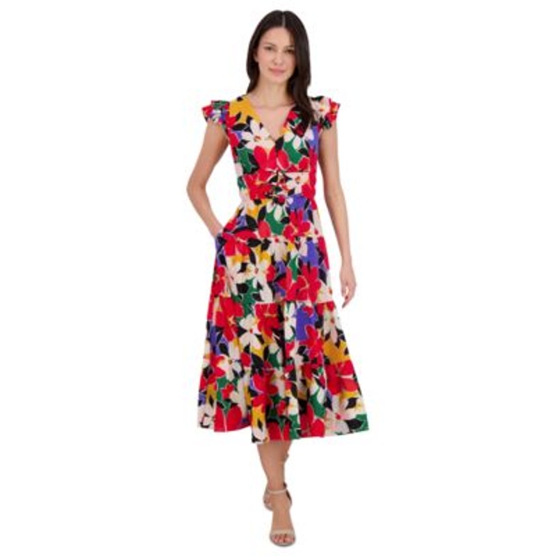 Vince Camuto Women's Flutter-Sleeve Tiered Dress in Floral Red Multicolor