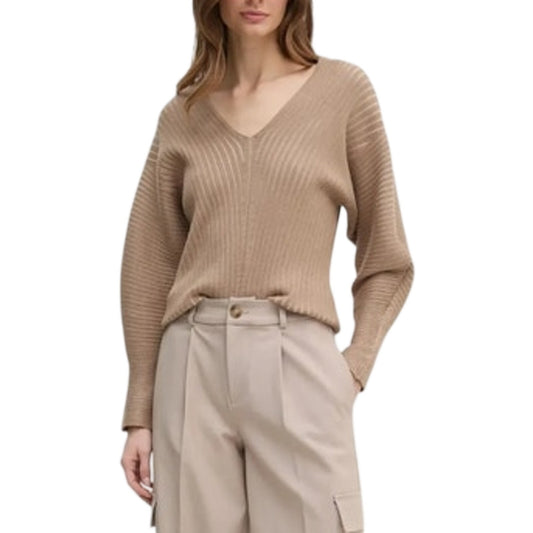 DKNY Women's V-Neck Long-Sleeve Rib Sweater in Taupechino Khaki Tan