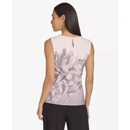 Calvin Klein Women's Printed Pleated-Neck Sleeveless Top in Gray Multi
