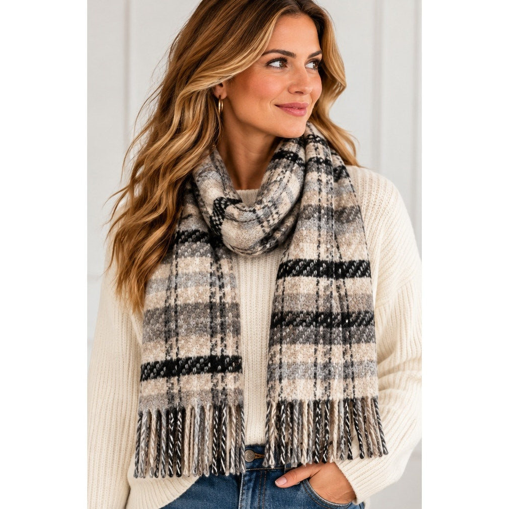 C By Bloomindales Cashmere Tweed Plaid Cashmere Scarf in Grey Neutrals