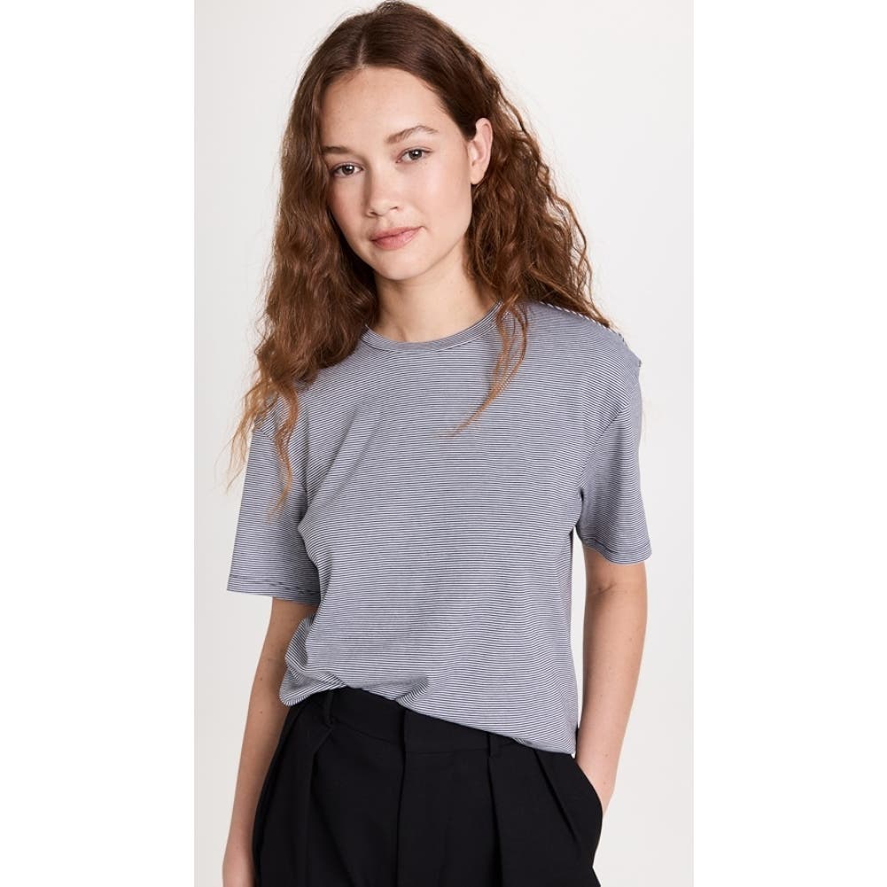 Theory Perfect Stripe Tee In Charcoal Multi Stripe, Size Small