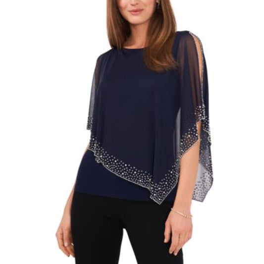 MSK Women's Beaded Overlay Cape Top in Navy Blue & Silver