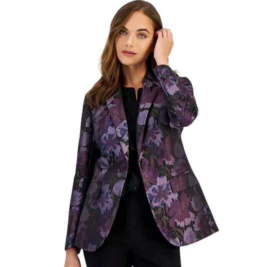 Anne Klein Women's Printed Jacquard One-Button Blazer Jacket in Royal Purple