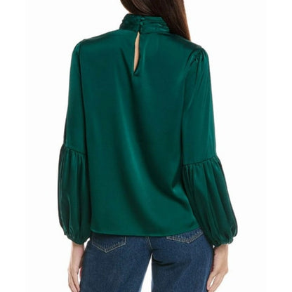 CeCe Women's Blouson-Sleeve Mock-Neck Top in Dark Forest Green