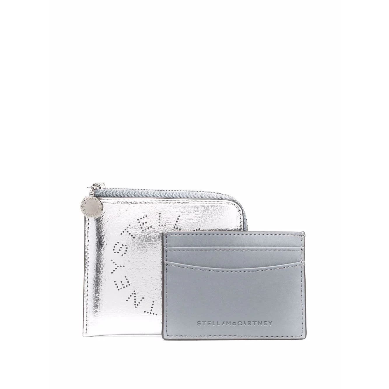 Stella McCartney Logo Metallic Cardholder In Silver & Blue Leather