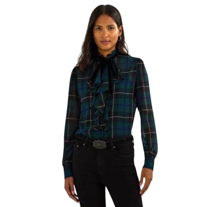 Lauren Ralph Lauren Women's Plaid Ruffle-Trim Georgette Top in Blue Green Plaid