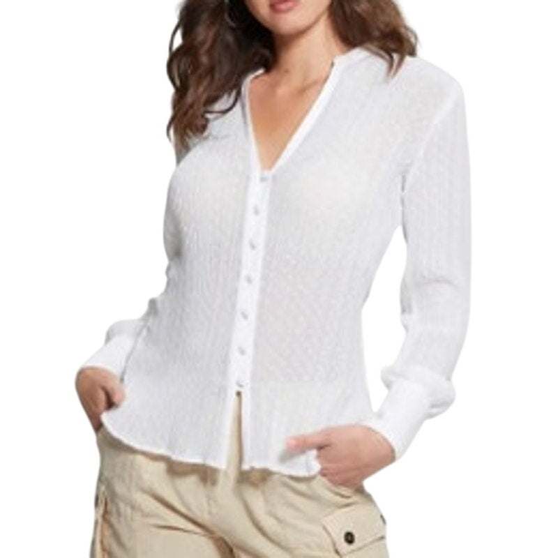 GUESS Women's "Lisette" Printed Long-Sleeve Top in Pure White