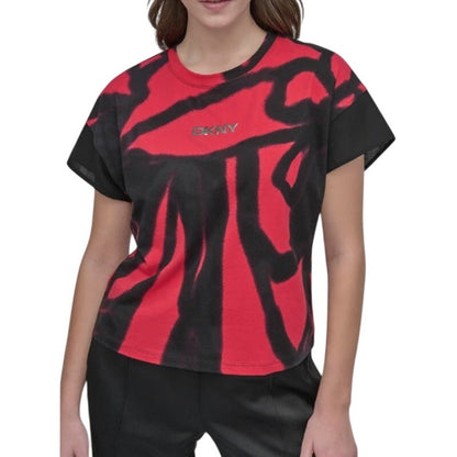 DKNY Women's Printed Crewneck Chiffon Floral Graffiti Print Top in Black Pink