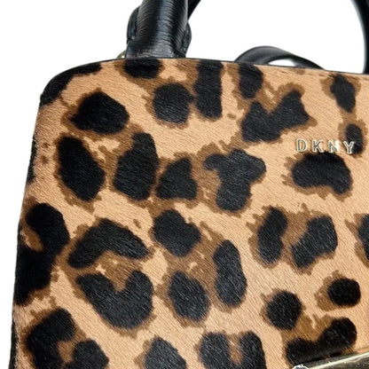 DKNY Brown & Black Leopard Print Haircalf Satchel Bag, Gold Hardware, NWT