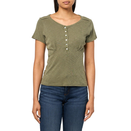 Lucky Brand Women's Crochet Trim Short Sleeve Top in Dusty Olive, Size XL