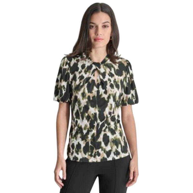 DKNY Women's Printed Twist-Neck Top in Dark Olive Green