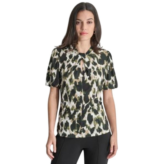 DKNY Women's Printed Twist-Neck Top in Dark Olive Green