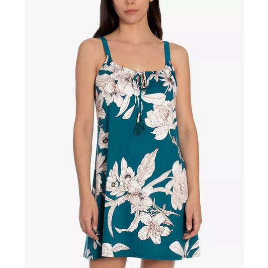 LINEA DONATELLA Blaise Floral-Print Chemise Nightgown In Teal, Size Medium