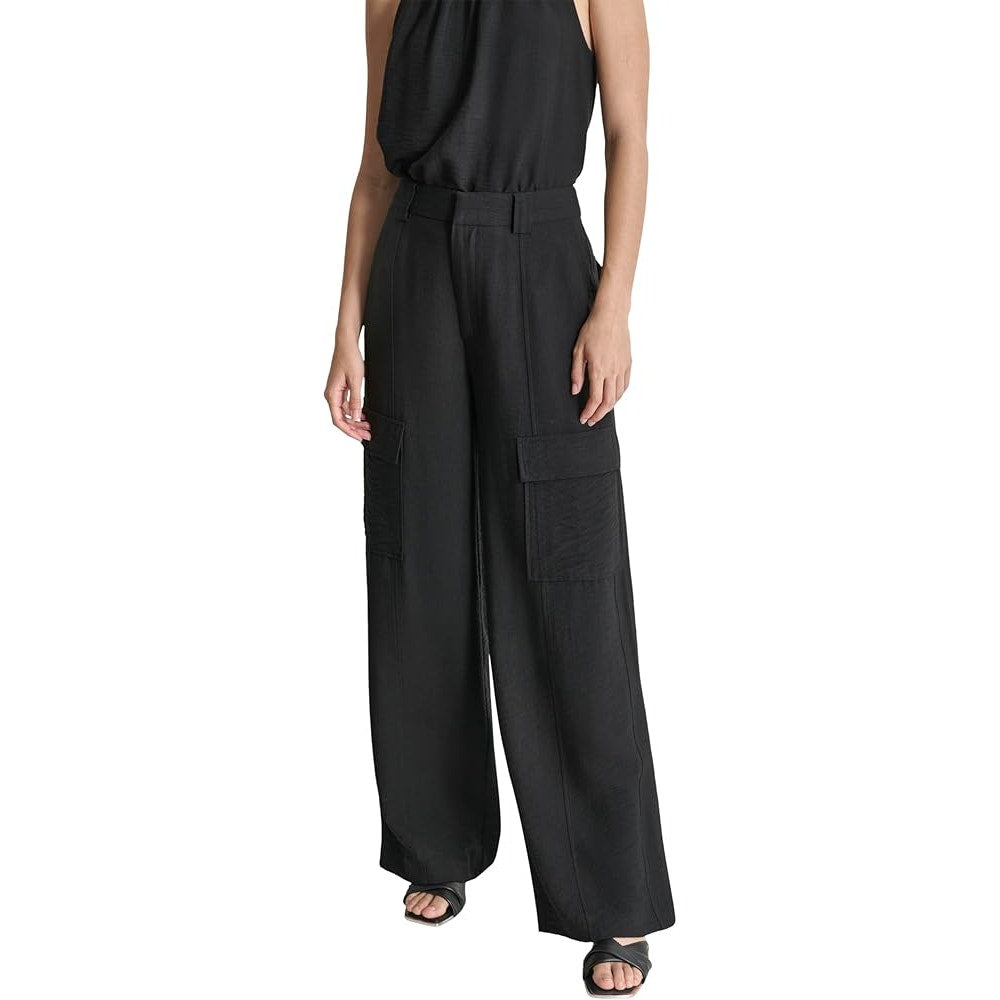 DKNY Women's Crinkle-Texture Wide Leg Cargo Pants in Black