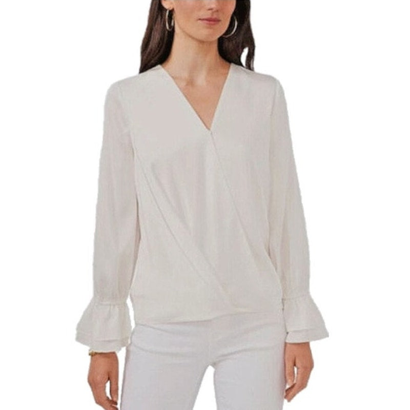 Vince Camuto Ladies New Ivory Solid Surplice Ruffle Cuff Blouse, Size Medium NWT
