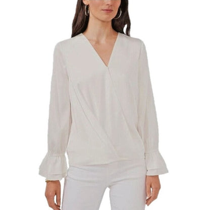 Vince Camuto Ladies New Ivory Solid Surplice Ruffle Cuff Blouse, Size Medium NWT