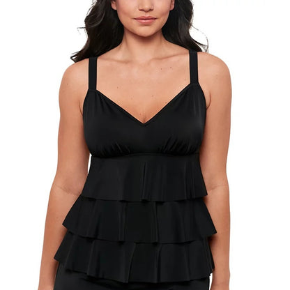 Swim Solutions Women's Plus Black Swan Tiered-Ruffle Tankini Top In Black