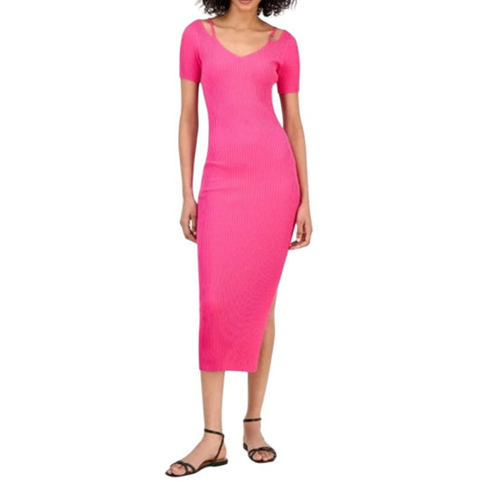 HUGO BOSS Women's Ribbed Knit Bodycon Midi Dress in Bright Pink
