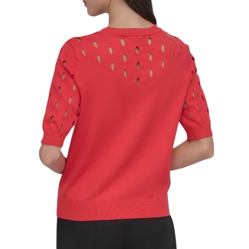 DKNY Women's Short-Sleeve Crewneck Cutout Sweater in Bright Red