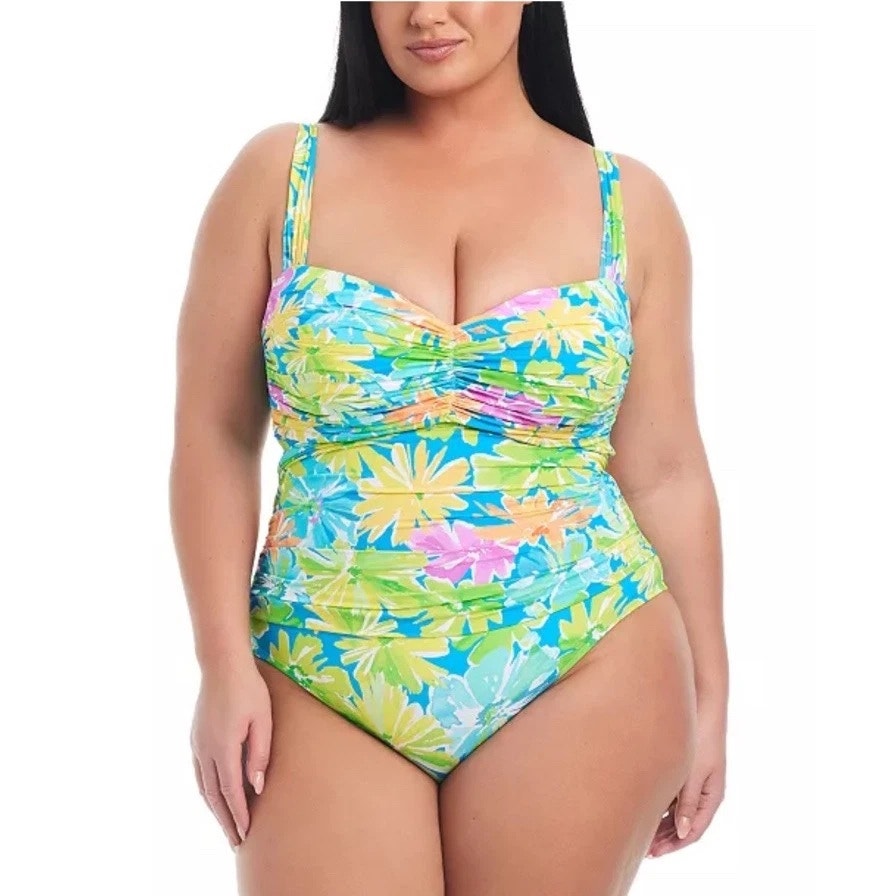 Bleu by Rod Beattie Plus Size Shirred Bandeau Swimsuit In Floral Multi