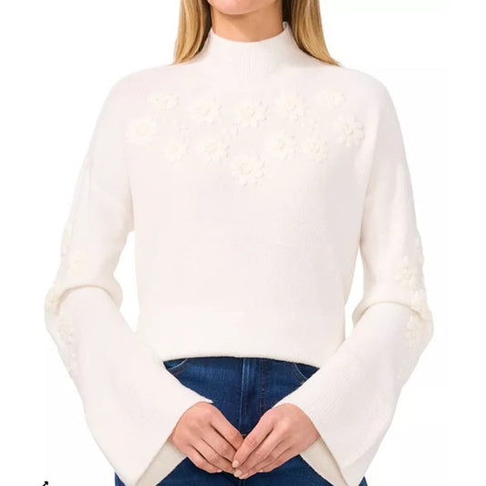 CeCe Women's Embroidered Mock Neck Sweater in Antique White