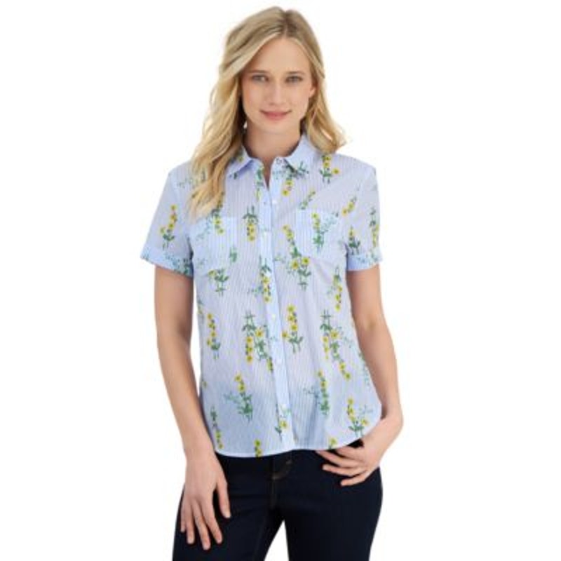 Nautica Jeans Women's Floral-Print Button-Down Top in Blue Yellow Stripes