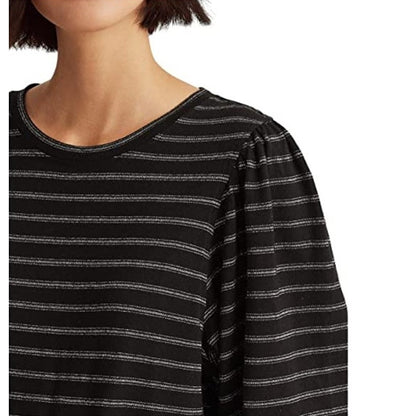 Lauren Ralph Lauren Women's "Lurex" Black Metallic Stripe Blouse, Balloon Sleeve