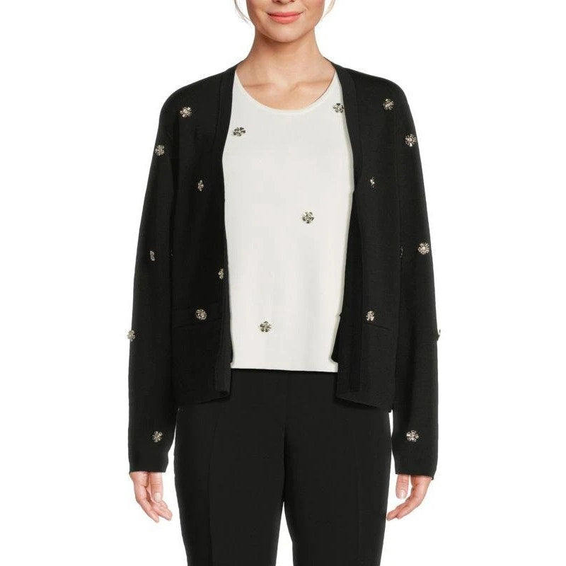Karl Lagerfeld Paris Women’s Black Floral Embellished Open Cardigan
