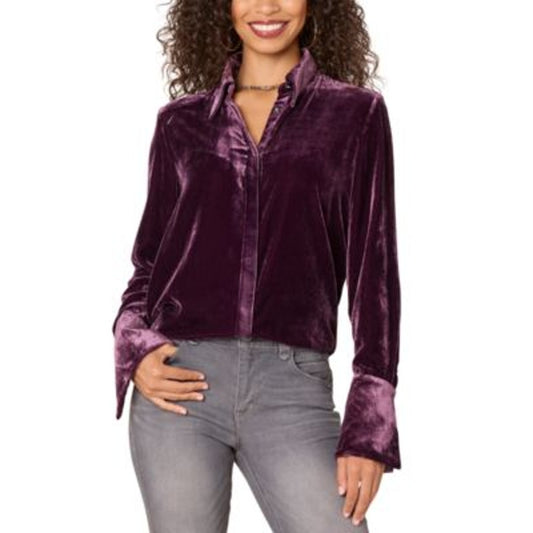 Democracy Women's Petite Velvet Button-Front Top in Aubergine Purple