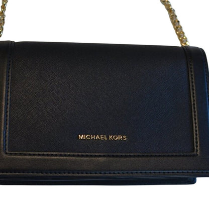 MICHAEL KORS Jet Set Leah Full Flap Chain Crossbody In Black Saffiano Leather