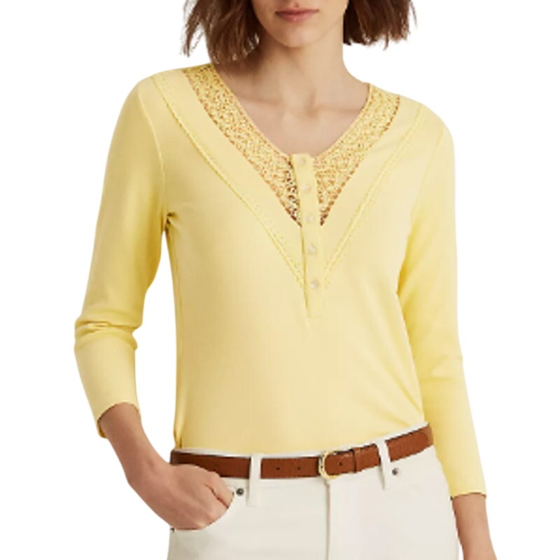 Lauren Ralph Lauren Women's Yellow Bloom Lace Trim "Henley" Top
