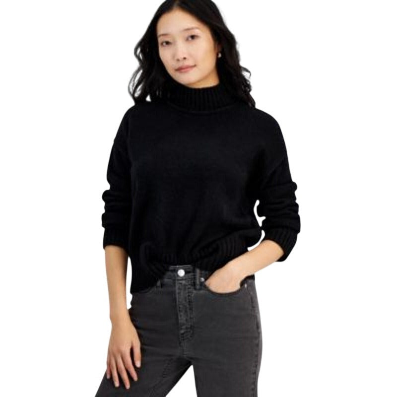 On 34th Women's Mock-Neck Jersey Roll-Trim Sweater in Deep Black