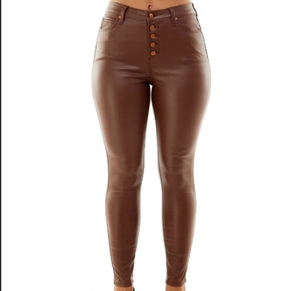 Almost Famous Juniors Faux Leather Exposed Super High Rise Jeans in Brown