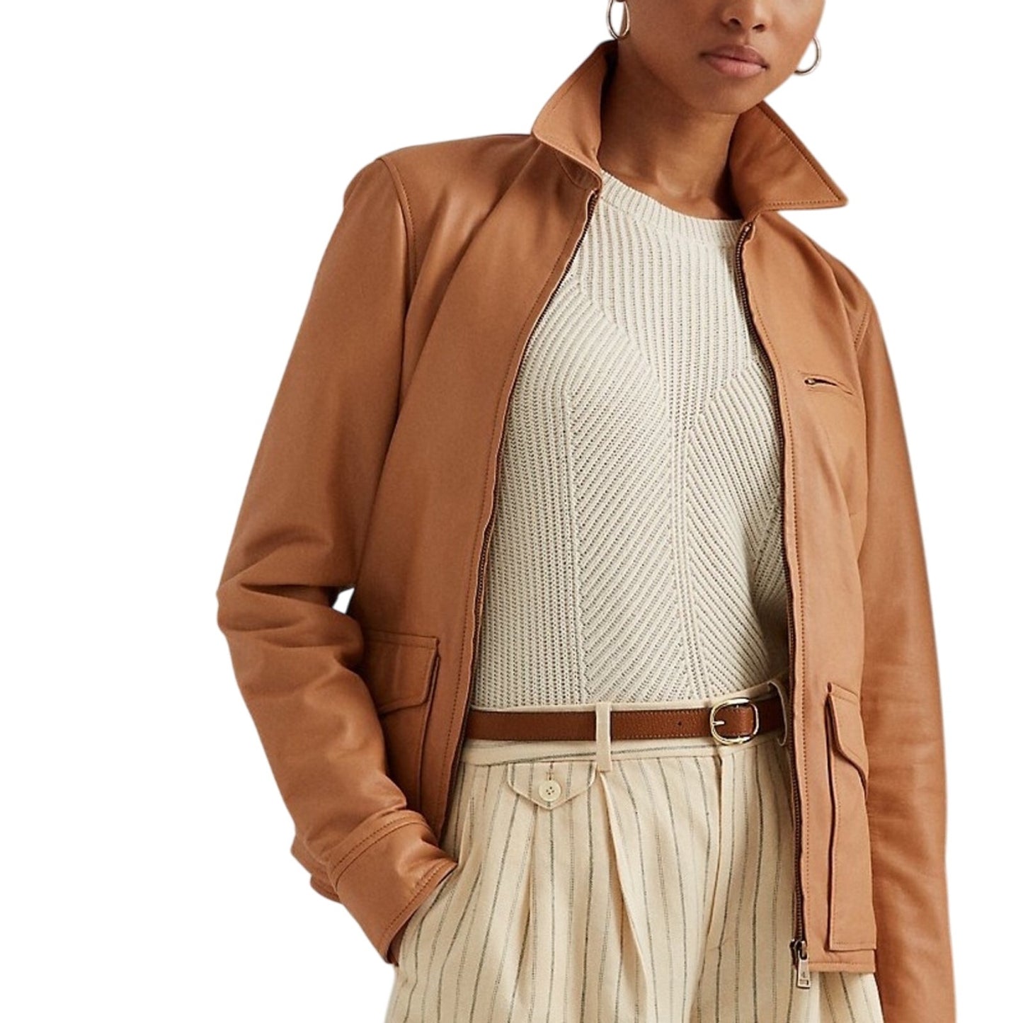 Ralph Lauren Women’s Caramel Brown Lamb Leather Moto Jacket, Size 14