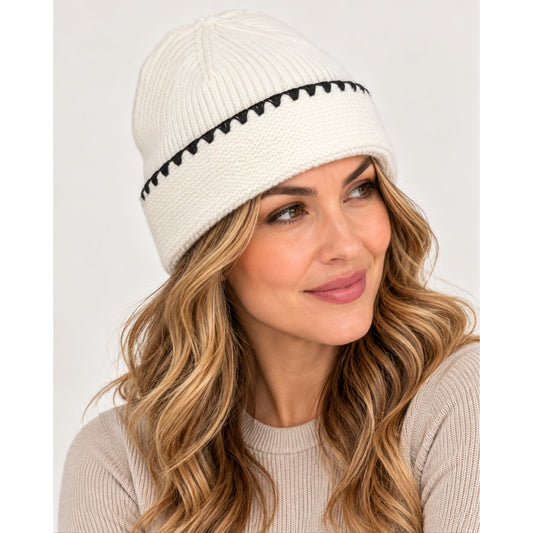Aqua Whipstitch Knit Beanie in White and Black