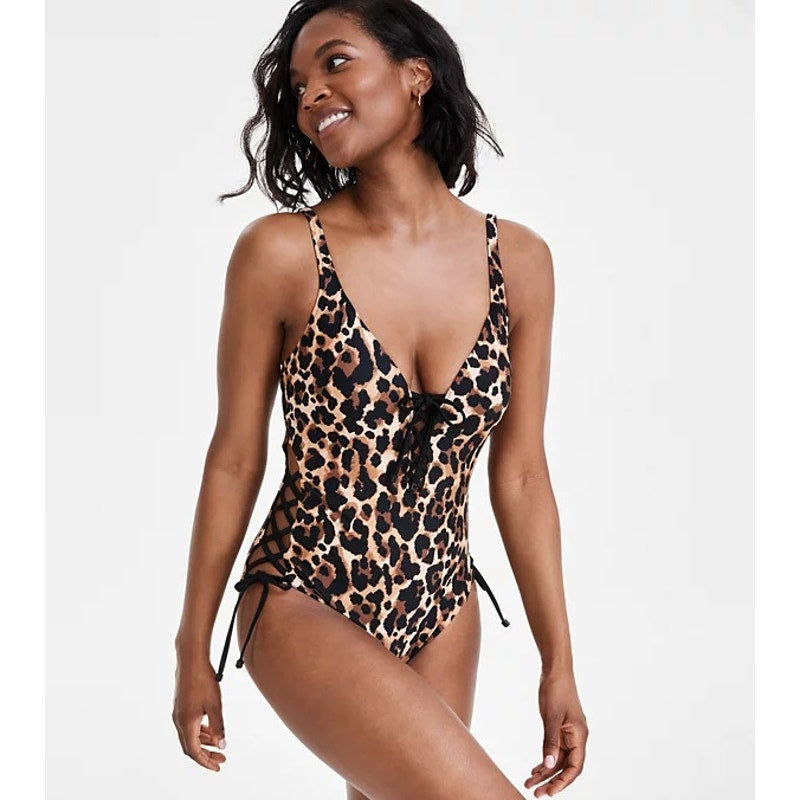 Bar III Women's Lace-Up Cheetah Print Swimsuit In Black/Tan