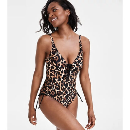 Bar III Women's Lace-Up Cheetah Print Swimsuit In Black/Tan