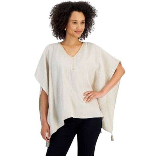 JM Collection Women's Embellished-Neck Gauze Batwing Top in Stone Wall Gray